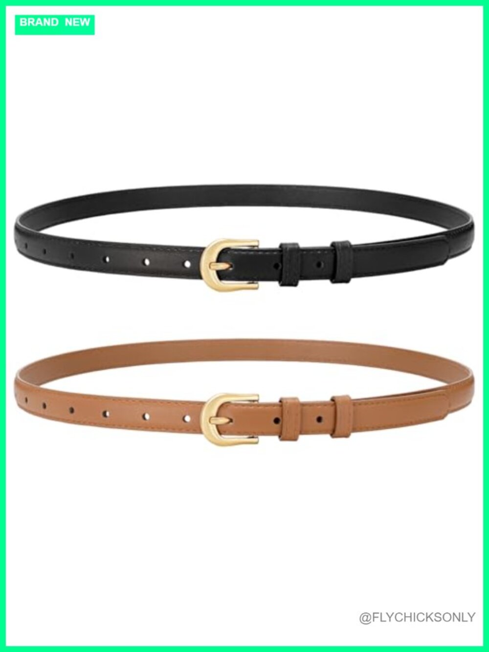 Skinny Faux Leather Belts 2 Pack Women Thin Belts with Gold Buckle
